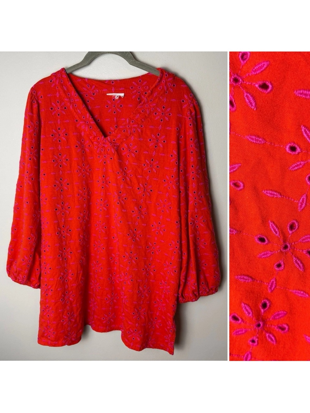 J. Jill Tunic Top Plus Size 1X 3/4 Sleeves V-Neck Orange Pink Embroidered Eyelet